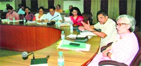 ADC (G) Amrit Kaur Gill (extreme right) and District Transport Officer Anil Kumar Garg (second from right) during a meeting of the District Road Safety Committee at Bachat Bhawan.