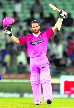 Northern Knights batsman Kane Williamson celebrates his hundred against Cape Cobras at Raipur on Friday.
