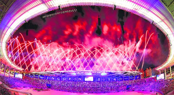 A colourful maze of fireworks light up the sky during the Opening Ceremony of the Asian Games in Incheon.