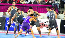 Players of Royal Kings USA and Vancouver Lions during the World Kabaddi League match in Jalandhar on Friday.