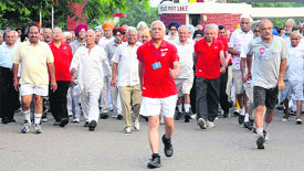 Senior citizens take part in “Walk for fun” at Sukhna Lake in Chandigarh on Saturday.