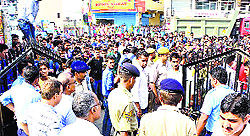 Protesting students outside the college gate in Una on Saturday
