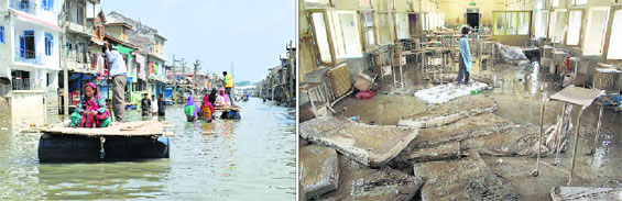 A woman being ferried on a makeshift raft on the outskirts of Srinagar on Saturday (left); and an employee cleans silt at SMHS Hospital.