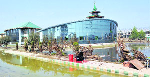 The flooded Haj House in the Bemina area of Srinagar.