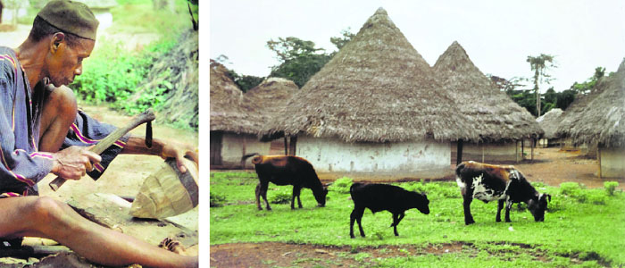 From left: The carver Son at work; and the Dan village, Nyor Diaple, in winter. Photograph taken by Eberhard Fischer in 1960