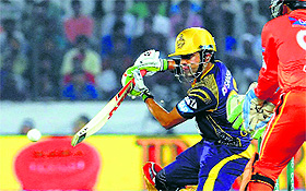 Kolkata Knight Riders Gambhir plays a shot during their CLT20 match against Lahore Lions in Hyderabad on Sunday. 