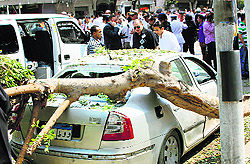 Security forces inspect the site of a bomb attack outside the foreign ministry headquarters in Cairo on Sunday