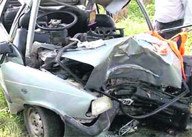 Mangled remains of the car, which met with an accident on the Amritsar-Mehta road on Monday