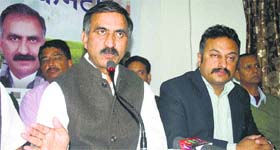 Sukhvinder Singh Sukhu, HPCC chief, addresses mediapersons at the Congress office in Shimla on Monday.