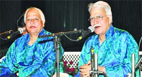 Pt Rajan Mishra and Pt Sajan Mishra perform at the Classical Music Festival in Shimla on Monday.