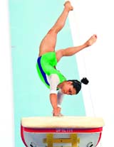 gritty fighter: Dipa Karmakar performs on the vault on Monday. Karmakar has qualified for the final.