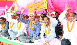 Ameens of the Revenue Department stage a protest in Dehradun on Monday. Tribune photo: Vinod Pundir