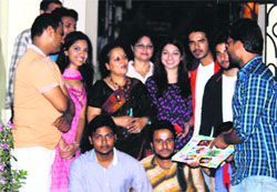 Himani Shivpuri with her new theatre group in Dehradun on Monday. A tribune photograph