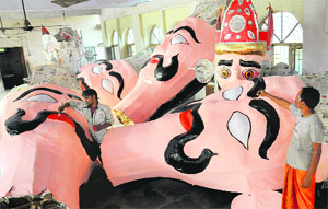 The effigies of Ravana, Kumbhakarna and Meghnad being prepared for the Dasehra festival in Chandigarh on Tuesday.