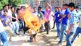 ABVP activists burn the effigy of the Chief Minister in Mandi on Monday.