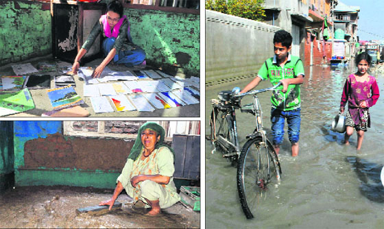 (Clockwise from left top) A girl student lays out her flood-damaged books for drying; children walk through a flood-hit area and a woman cleans her house that was damaged in floods in Srinagar on Tuesday.