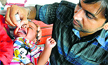 A child being administered polio drops on the third day of the drive in Ludhiana on Tuesday