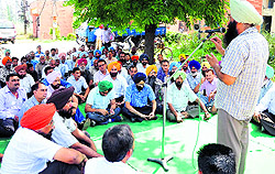 Punjab State Power Corporation Limited staff sit on a dharna against the management and state government in Ludhiana on Tuesday