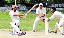 Satish Chandra Dhawan Government College players in action against LRDAV College, Jagraon, during the PU Inter-College Cricket Tournament in Ludhiana on Tuesday