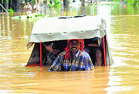 A man pulls his rickshaw through flood waters in Guwahati.