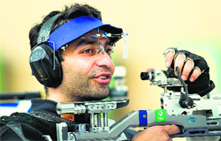 Abhinav Bindra reacts after a shot during the mens 10m air rifle event in Incheon on Tuesday.