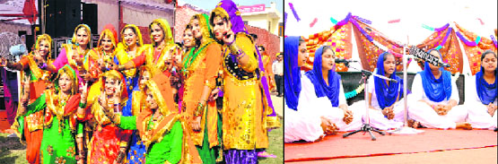 Girls in colourful traditional attire pose for a photograph; (right) students sing  a shabad gayan during an event of the Regional Youth Festival at Gurhthadi near Sangat Mandi in Bathinda on Wednesday