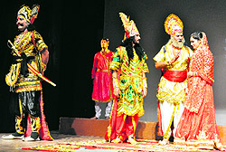 Artistes enact a scene from a play, "Shree Krishna Leela", at Punjab Kala Bhawan in Chandigarh on Wednesday