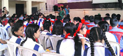 Schoolchildren attend a session of the travelling literature festival at Jaswant Modern School in Dehradun on Wednesday. A Tribune photograph