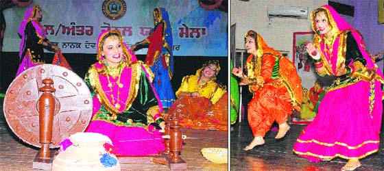 A girl weaves thread on a charkha during a dance item; and (right) students perform at the youth festival on the GNDU campus in Amritsar on Thursday