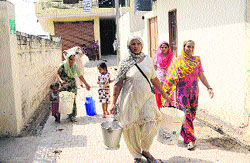 Residents carry buckets to fetch water in Kambala village. Tribune photo: vicky Gharu