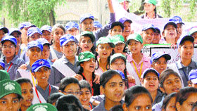 Students take part in a cleanliness and sanitation rally in Dharamsala on Thursday