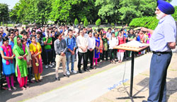 Prof Mohan Paul Singh Ishar, Vice Chancellor, University of Jammu, addresses students and staff during the launch of the Swacch Jammu University Abhiyan on Thursday. Tribune photo: Inderjeet Singh
