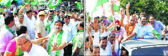 INLD candidate Kulbhushan Goyal; and (right) Congress candidate DK Bansal during the filing of their nominations in Panchkula on Friday. 