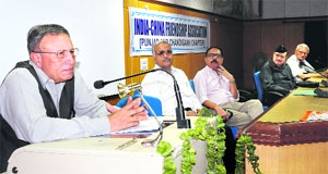 Former Governor of Chhattisgarh Shekhar Dutt addresses a gathering during a seminar on the National Day of China at Panjab University on Friday. 