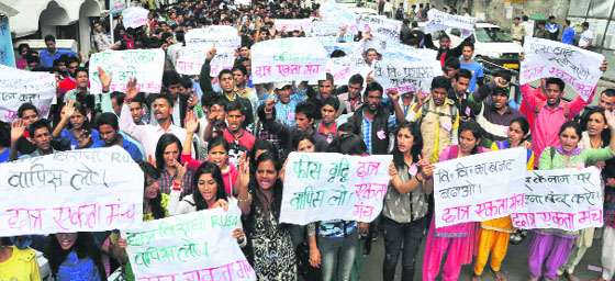 Students protest fee hike at the Secretariat in Shimla on Friday. Photo: Amit Kanwar