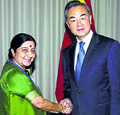 External Affairs Minister Sushma Swaraj being greeted by her Chinese counterpart Wang Yi in New York on Thursday