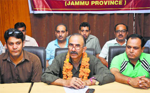 President of the Clerical Association Health Department Kuldeep Kotwal addresses mediapersons in Jammu on Friday.