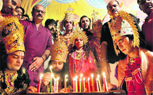 Ramlila artistes pay tribute to flood victims in Jammu on Friday.