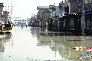 A view of the flood-hit Bemina area in Srinagar on Friday