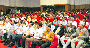 Participants attend the World Sanskrit Conference held at Raj Bhavan in Dehradun on Friday