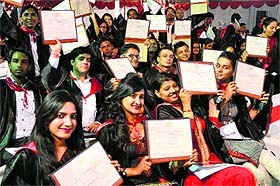 Students in a jubilant mood after receiving their degrees at the PEC University of Technology in Chandigarh on Saturday. 