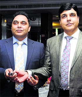 Dr Manuj Wadhwa (right), Director and Head of the Max Elite Institute of Orthopaedics and Joint Replacement and Sandeep Dogra, vice-president at the Max Super Speciality Hospital, during the launch of the digital orthopaedic suite in Chandigarh on Saturday.