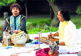 Subhash Ghosh performs at Sukhna Lake in Chandigarh on Saturday. 