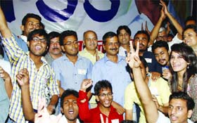 AAP national convenor Arvind Kejriwal with the activists of partys youth wing, Chhaatra Yuva Sangharsha Samiti, during its launch in New Delhi on Saturday