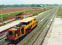 A railway engine during a trial run on the Srinagar-Awantipore route, which suffered damage during floods in Pulwama.