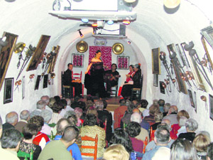 The audience watches a flamenco performance in a cave.