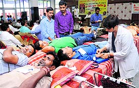 Volunteers donate blood during a camp at Sector 30, Chandigarh, on Sunday.