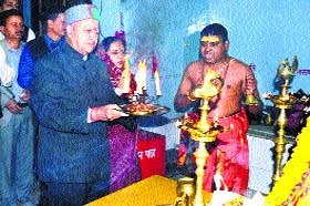 CM Virbhadra Singh performs pooja at the Sankat Mochan temple in Shimla on Sunday
