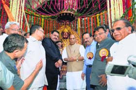 Union Home Minister Rajnath Singh during the unveiling of a statue of Maharaja Agrasen in New Delhi on Sunday