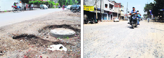 A manhole below the road surface can lead to a mishap; and (right) a dilapidated road which poses a danger to the lives of commuters in Amritsar as vehicles can skid on loose gravel.